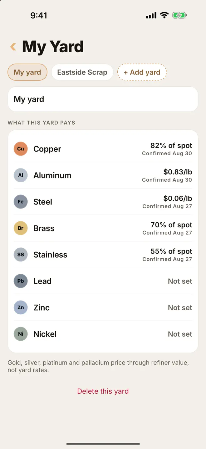 My Yard screen showing saved rates as a percentage of spot or dollars per pound, each with its confirmation date.